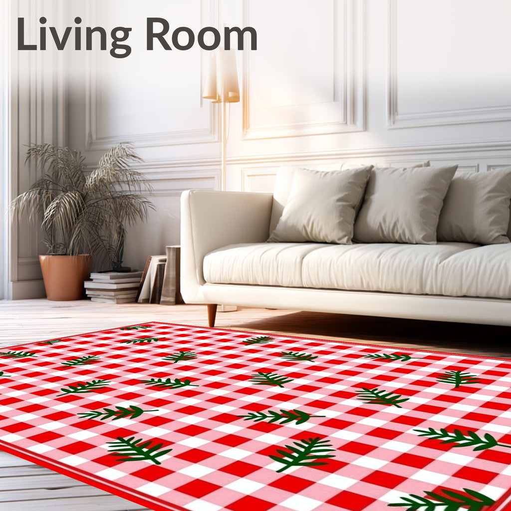 Red White Gingham Leaf Pattern Rug