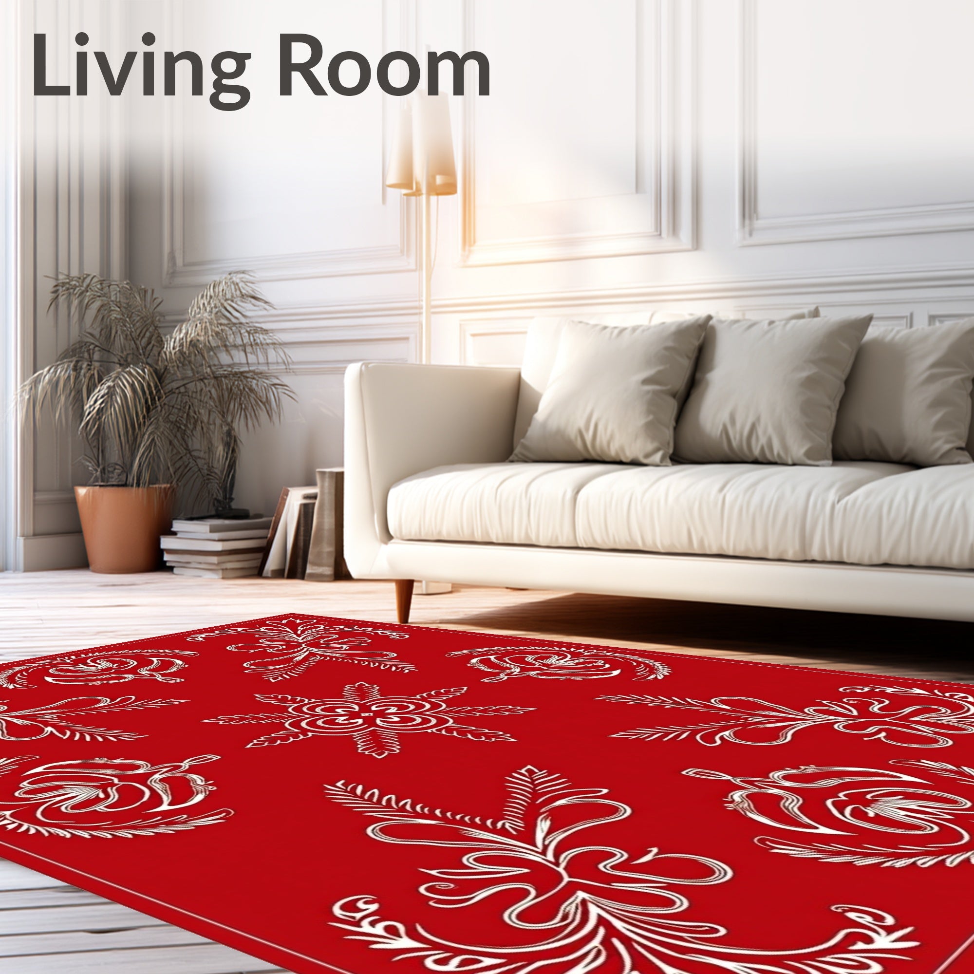 Red White Ornate Floral Scroll Rug
