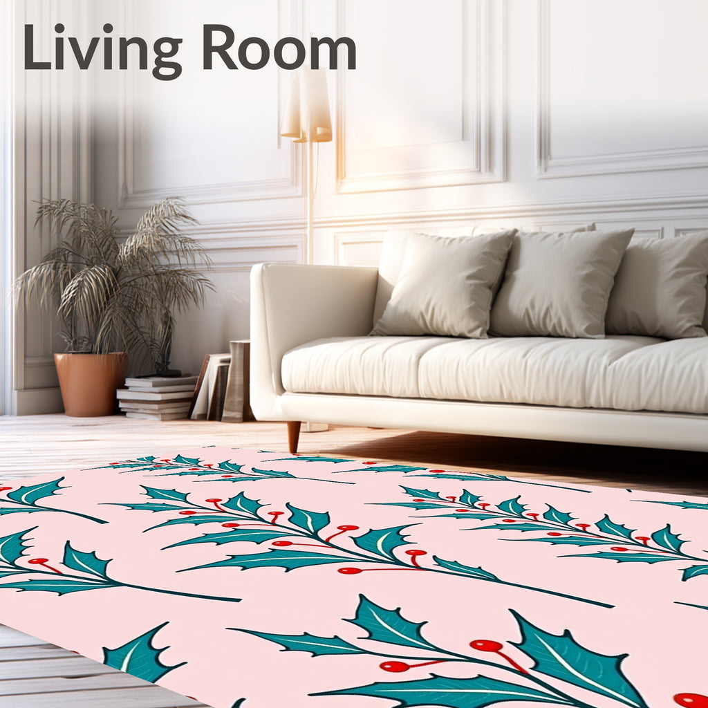 Teal Holly Berry Branches on Pink Rug