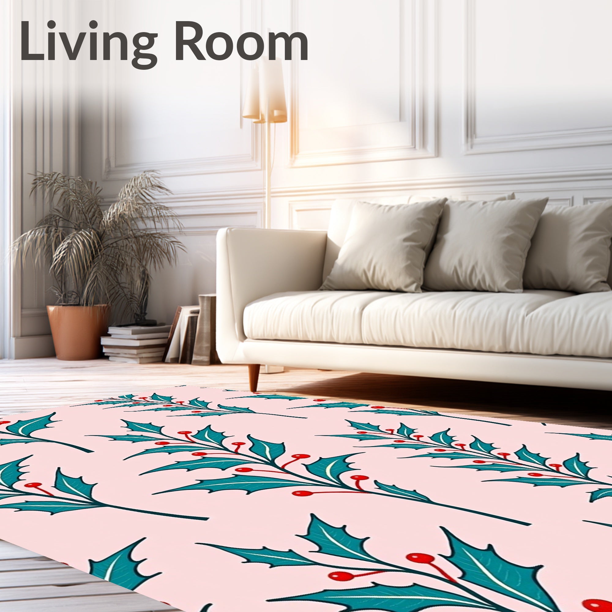 Teal Holly Berry Branches on Pink Rug