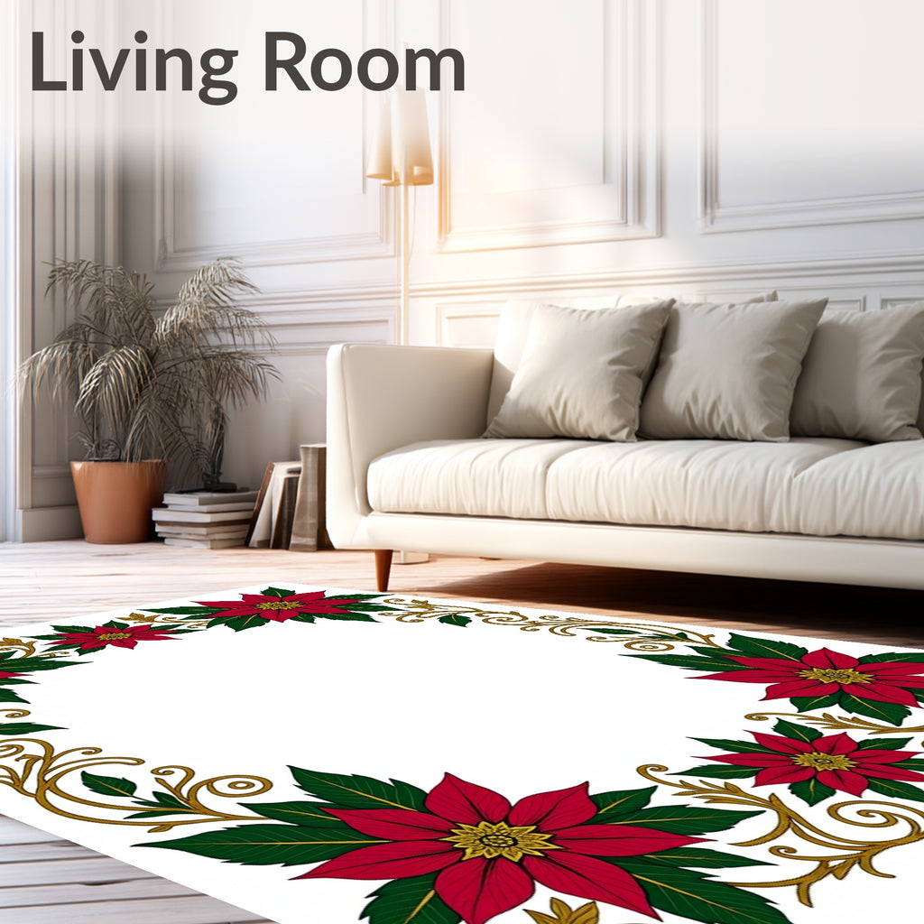 Festive Red Poinsettia Scroll Border Rug