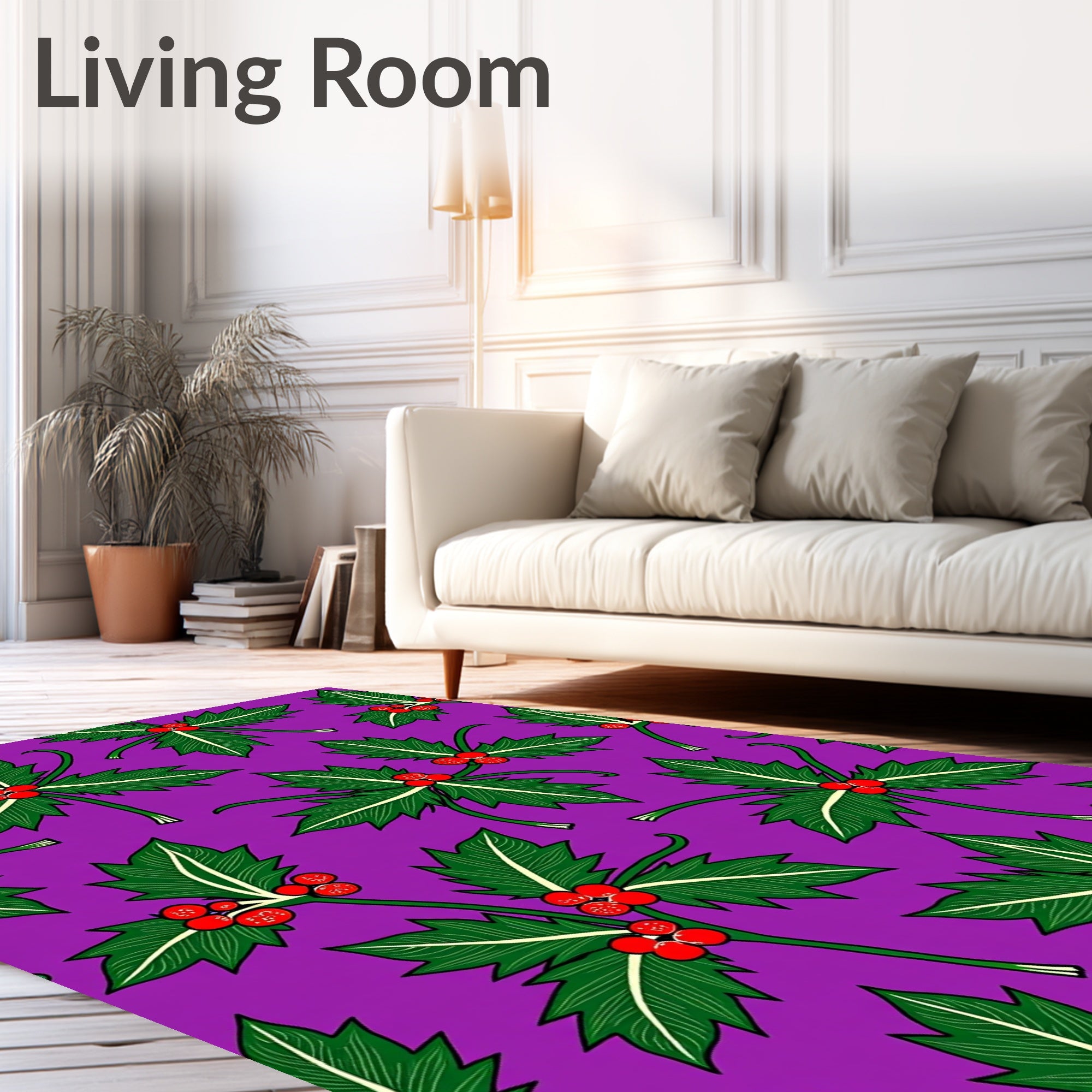 Festive Holly Berry Green Pattern Rug