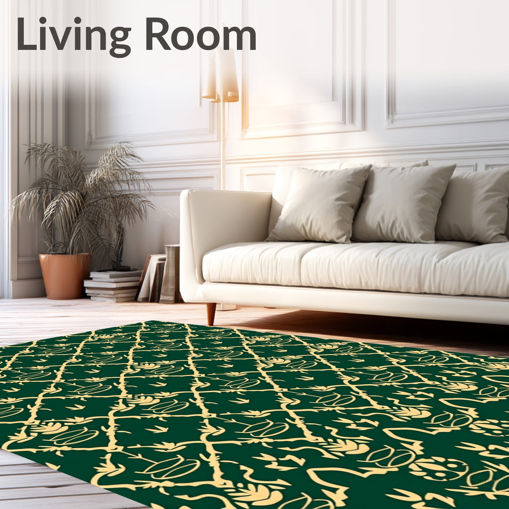 Elegant Gold Emerald Damask Pattern Rug