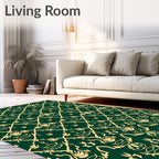 Elegant Gold Emerald Damask Pattern Rug