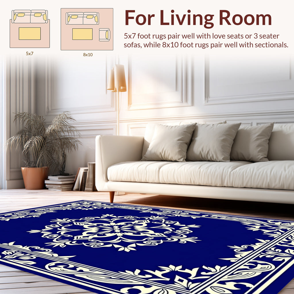 Navy Cream Elaborate Floral Design Rug