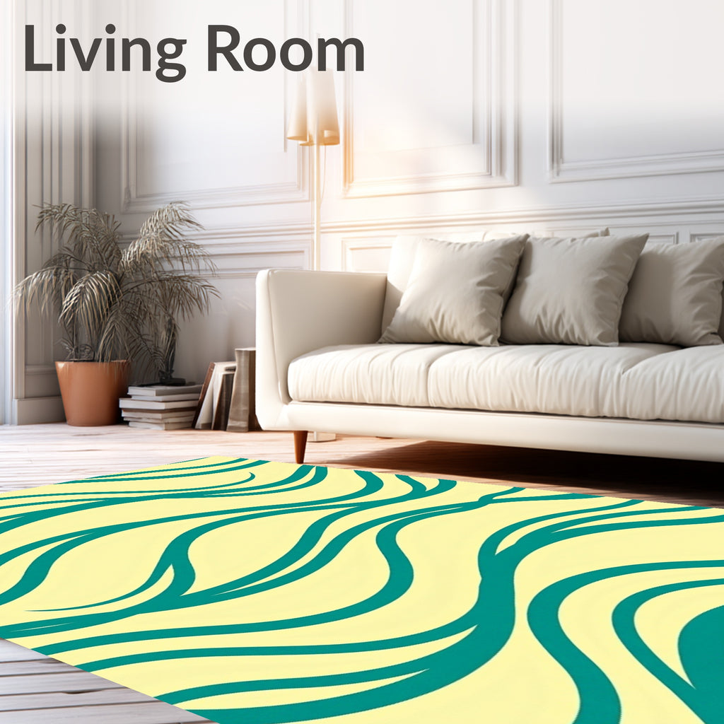 Teal Waves On Pale Yellow Rug
