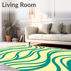 Teal Waves On Pale Yellow Rug