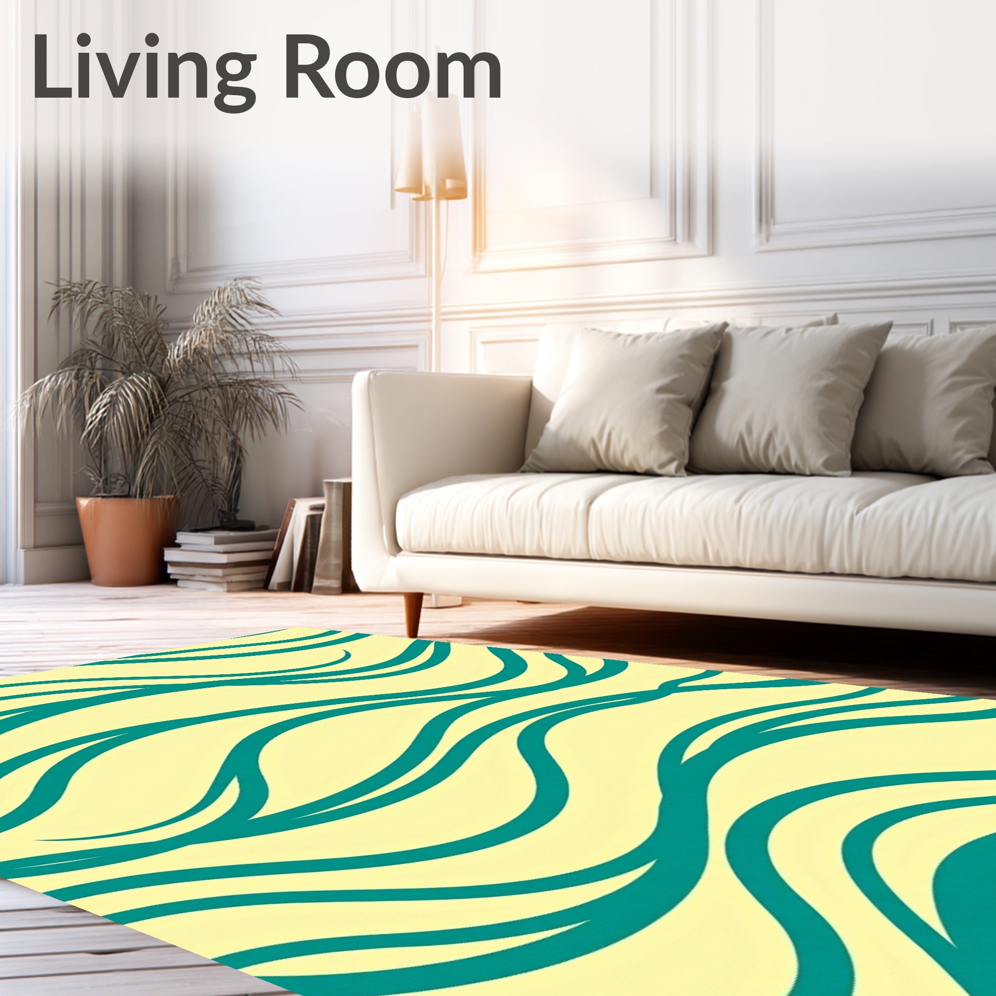 Teal Waves On Pale Yellow Rug