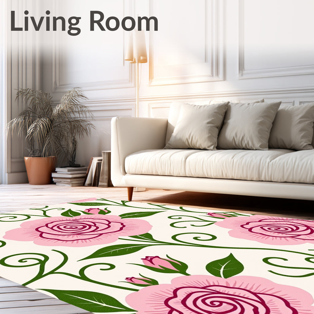 Pink Garden Rose Scroll Pattern Rug