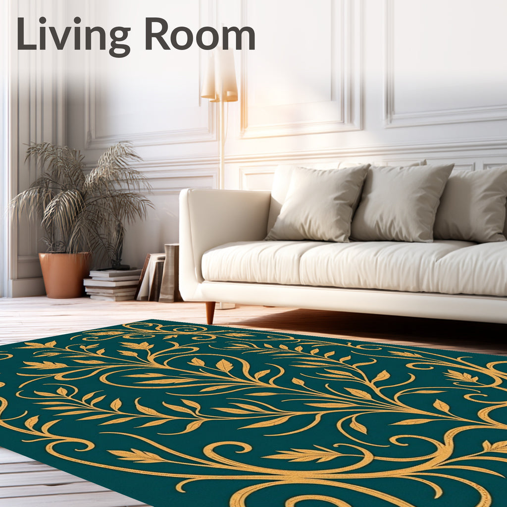 Elegant Gold Floral Vine Motif Rug