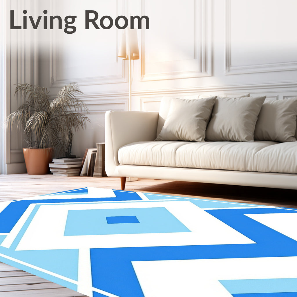 Azure Blue Geometric Diamond Pattern Rug