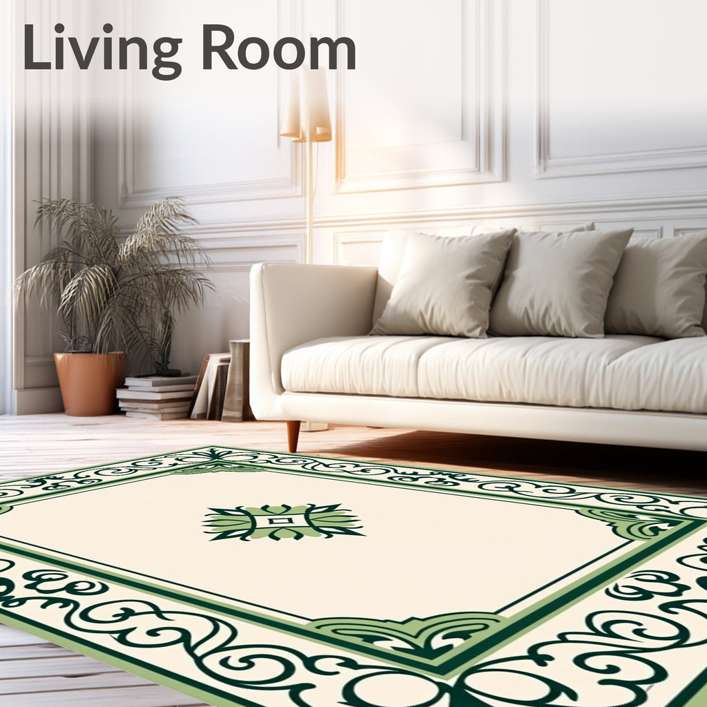 Green Scrollwork Elegant Geometric Pattern Rug
