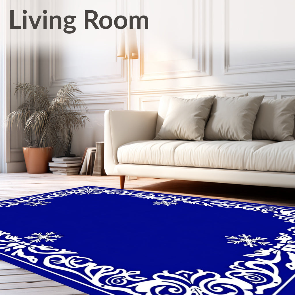 Royal Blue Snowflake Floral Border Rug