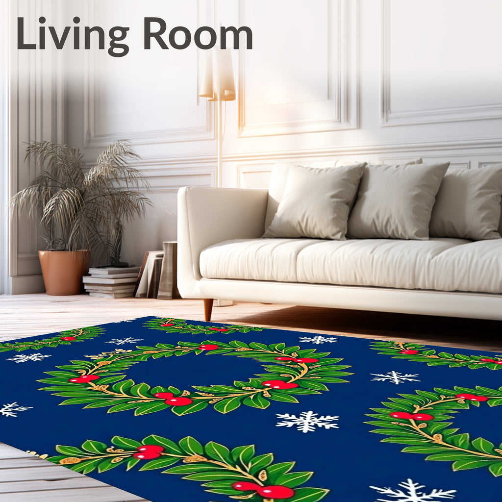 Green Wreaths With Red Berries Snowflake Print Rug