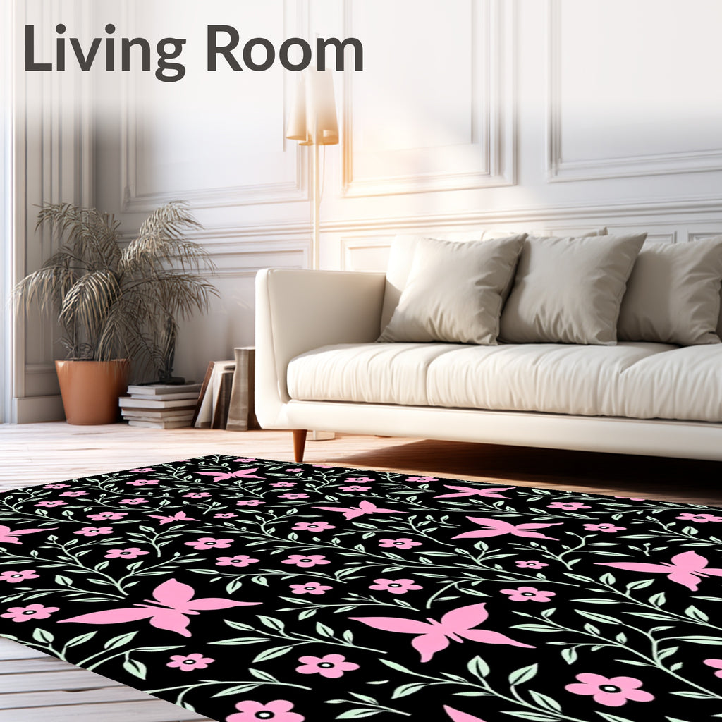 Pink Butterfly Floral Garden Design Rug