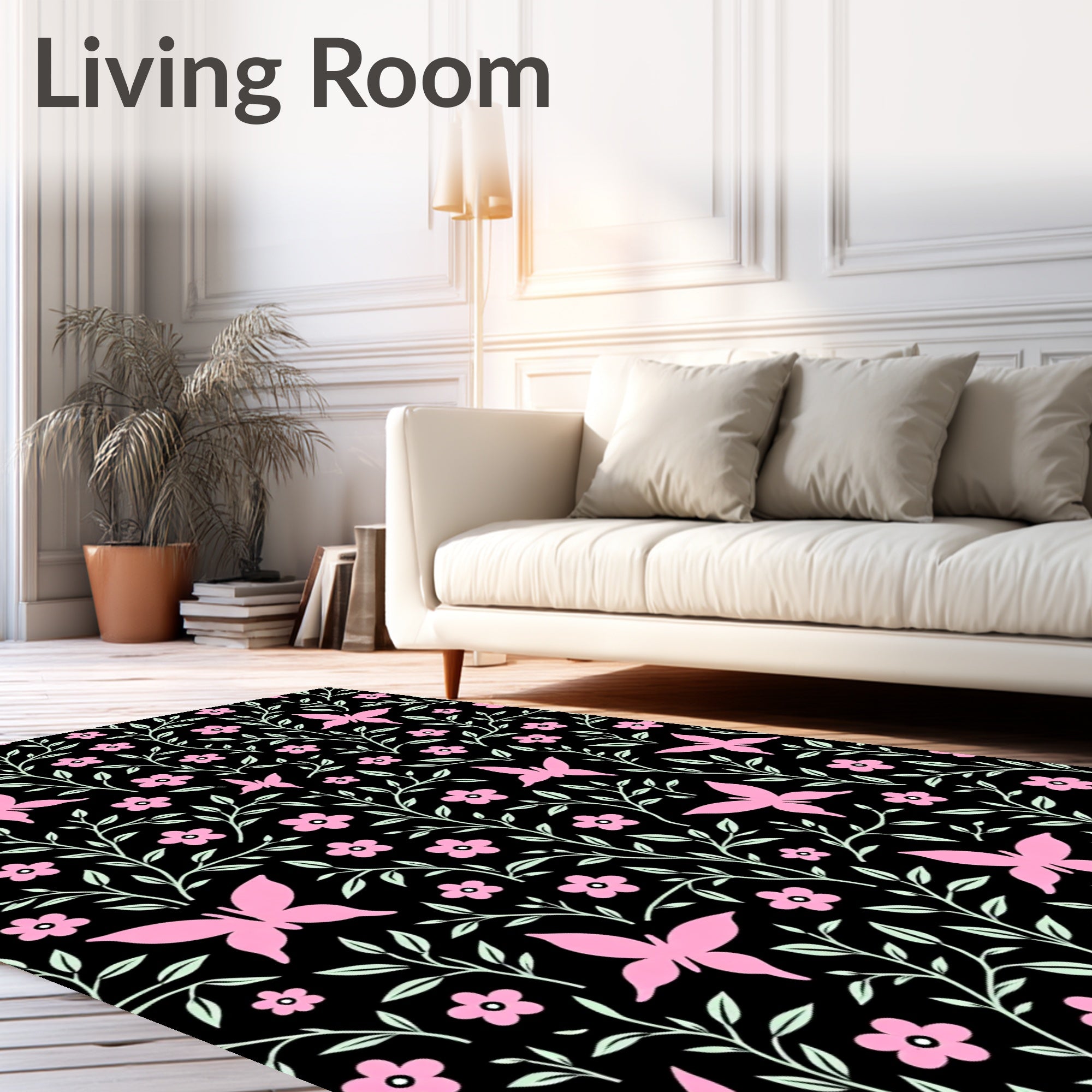 Pink Butterfly Floral Garden Design Rug