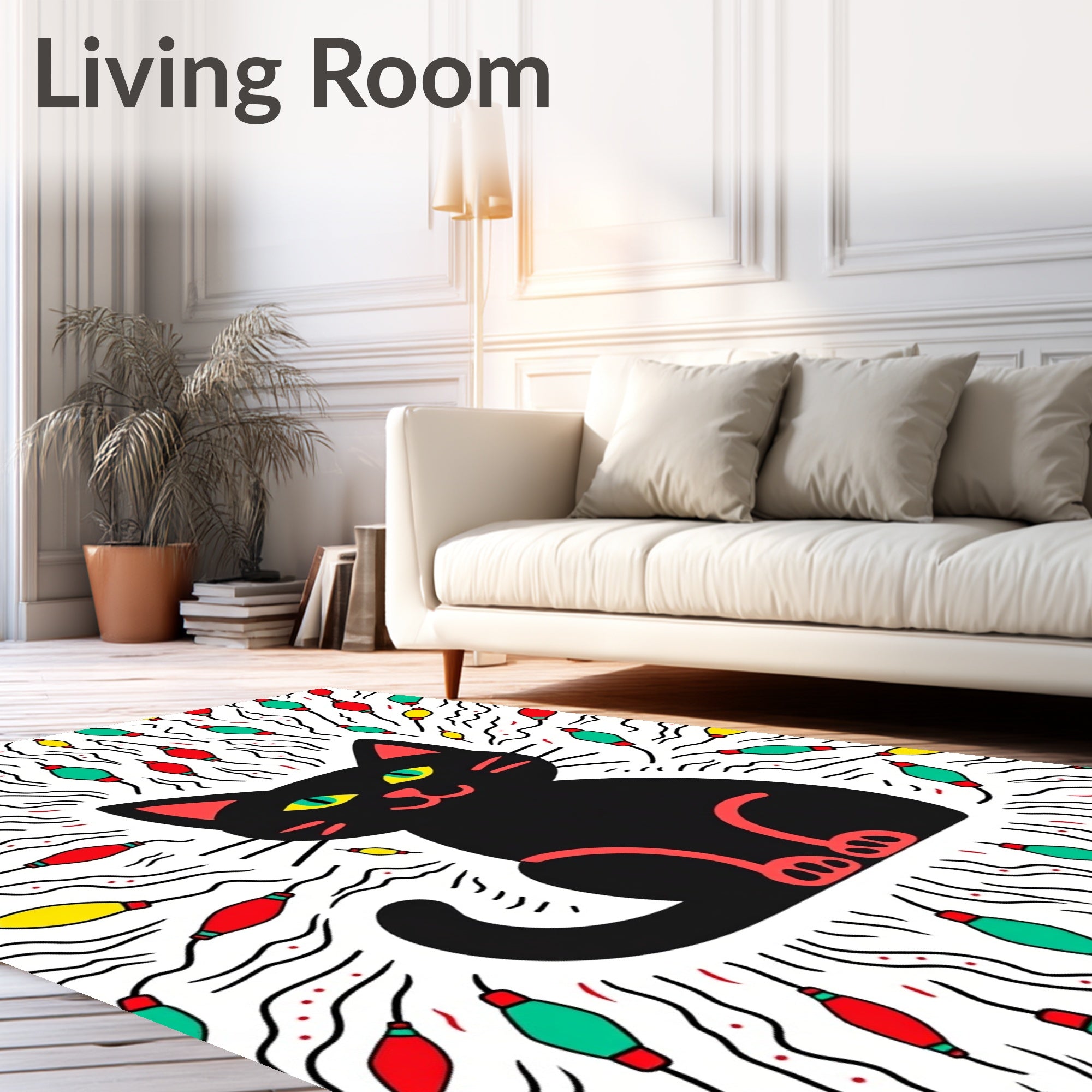Black Cat With Colorful Lights Pattern Rug