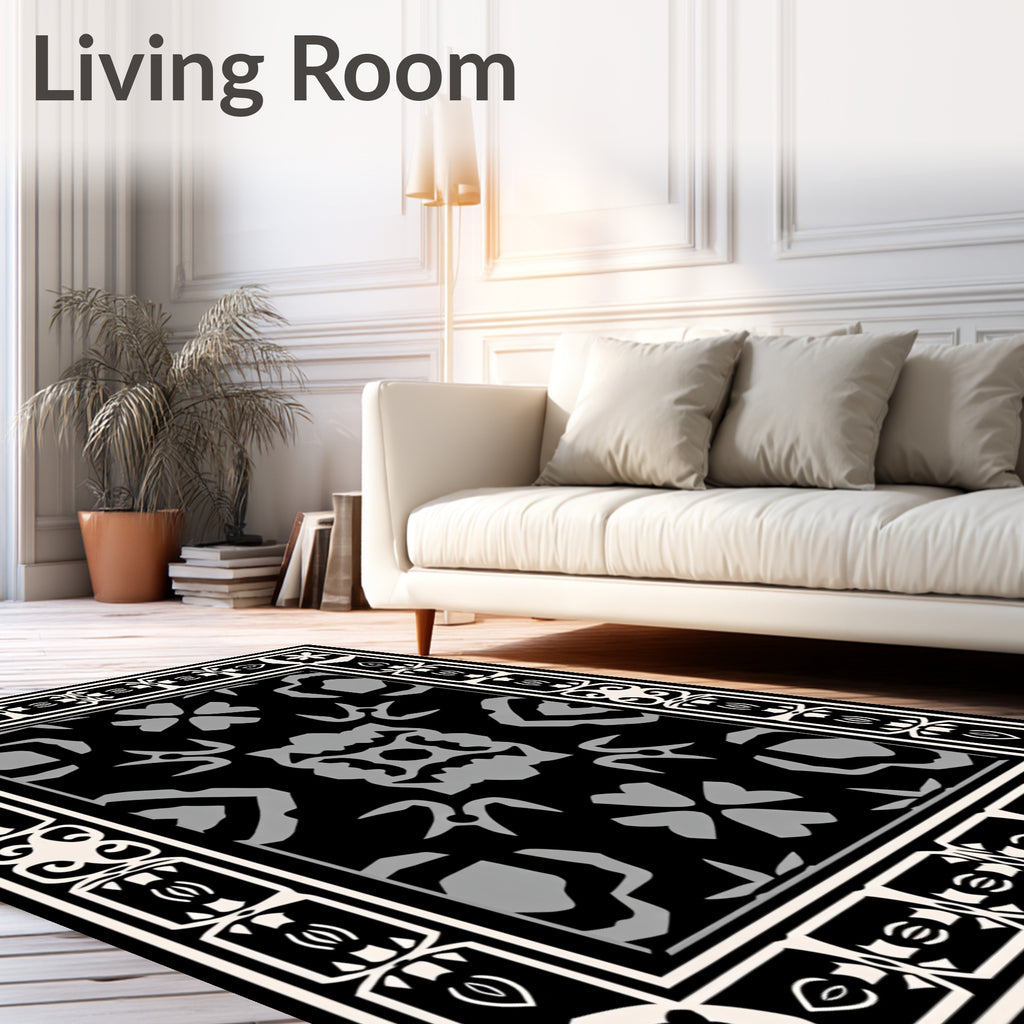 Striking Black Gray Ornamental Motif Rug