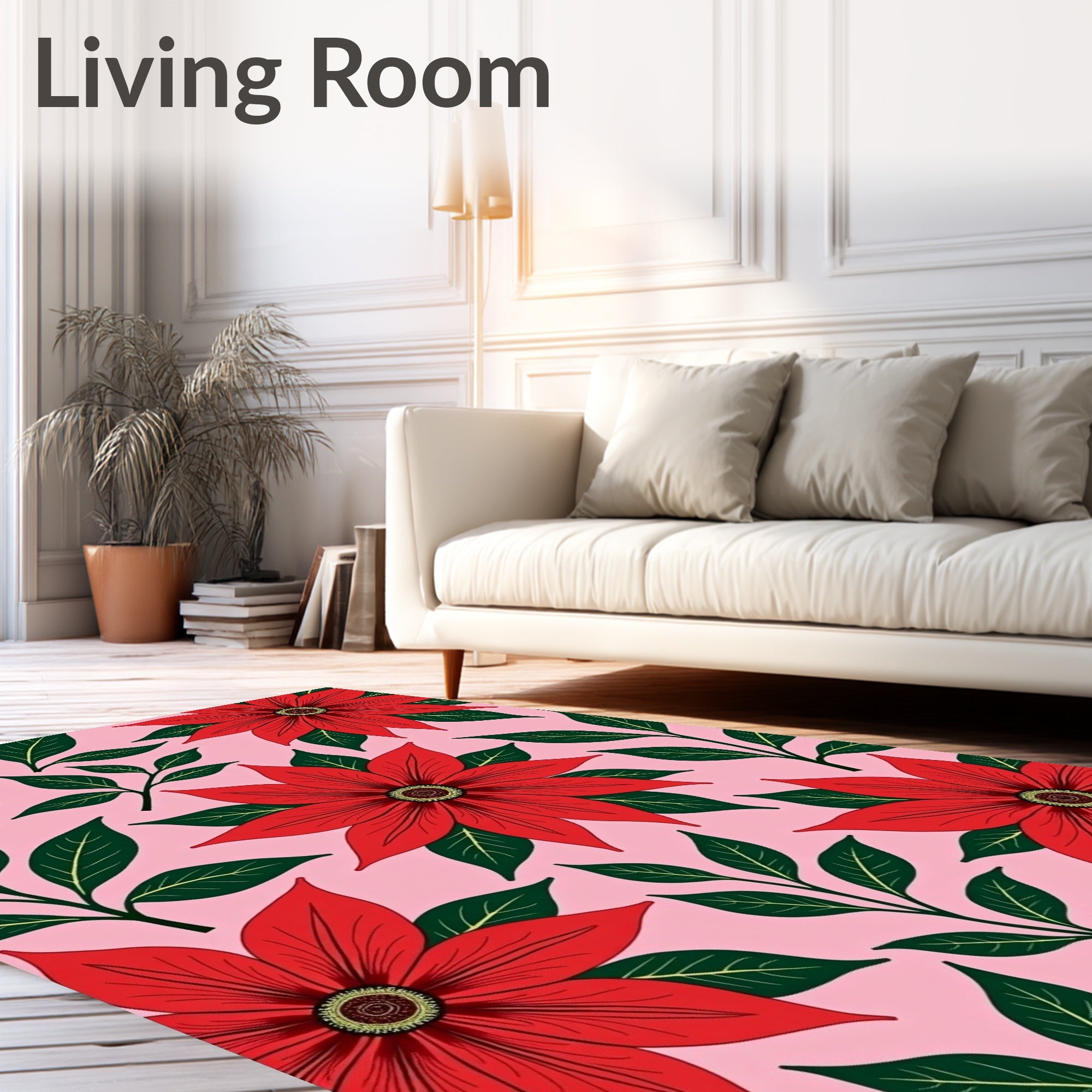 Red Floral Branches Pink Background Rug