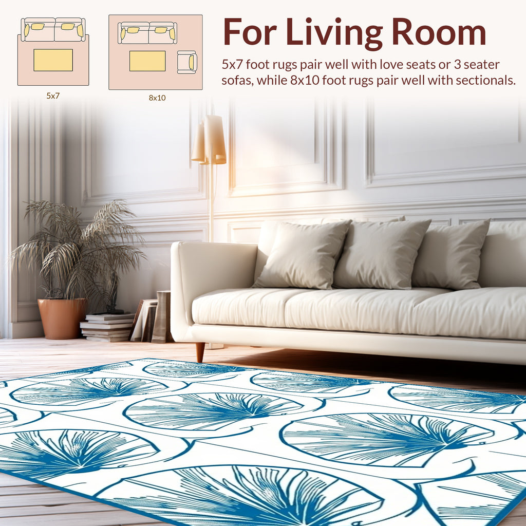 Blue Fan Patterned Graphic Art Rug
