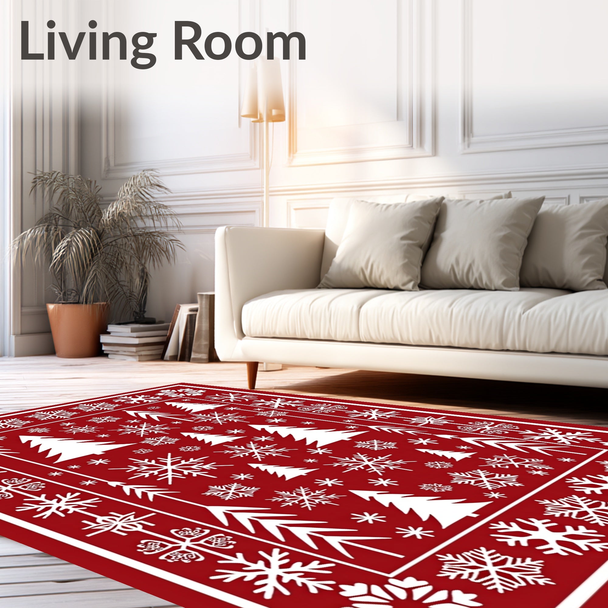 Red Snowflake Tree Patterned Rug