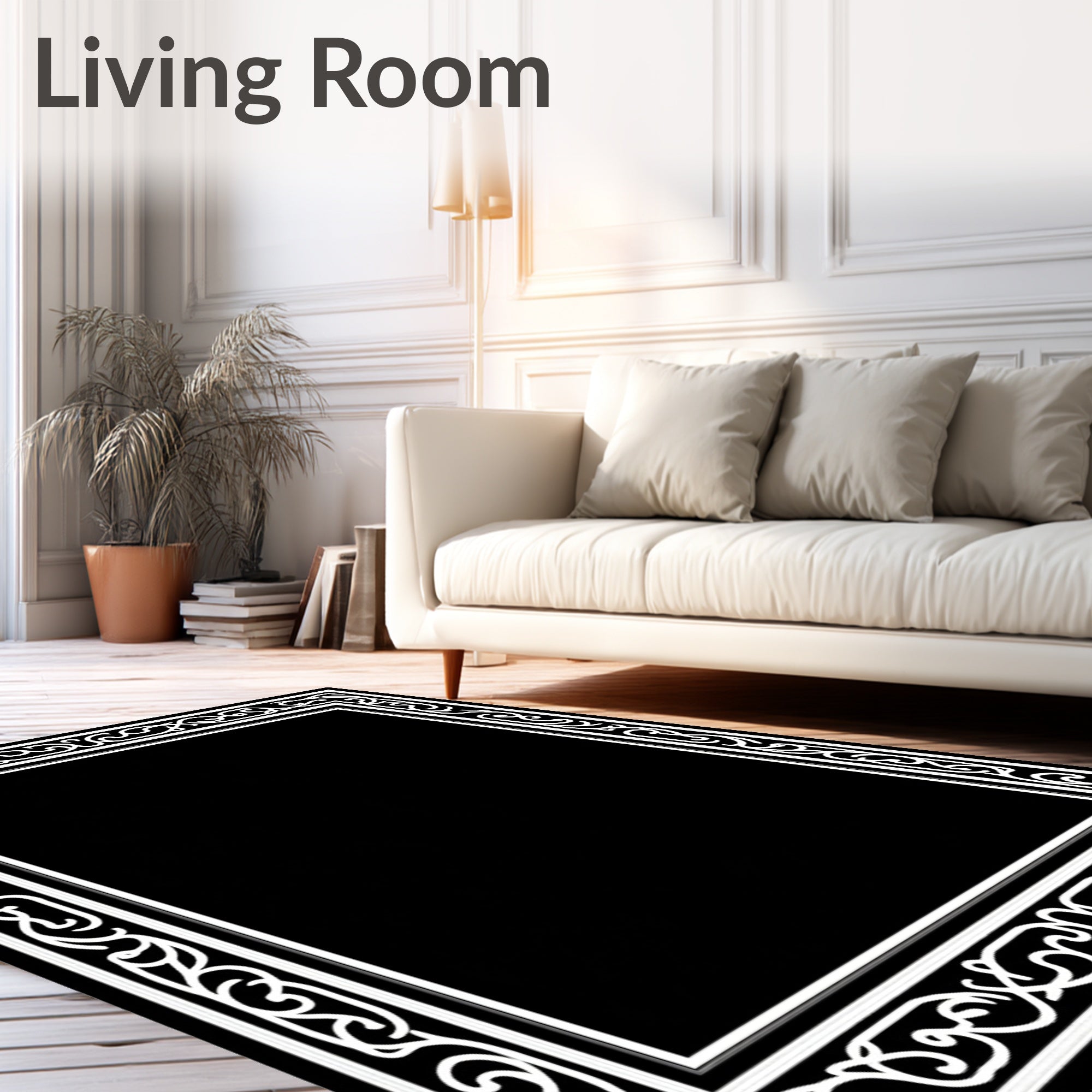 Classic Black White Scrollwork Decorative Rug