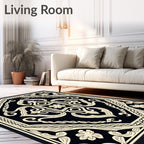 Ornate Black Cream Floral Medallion Rug