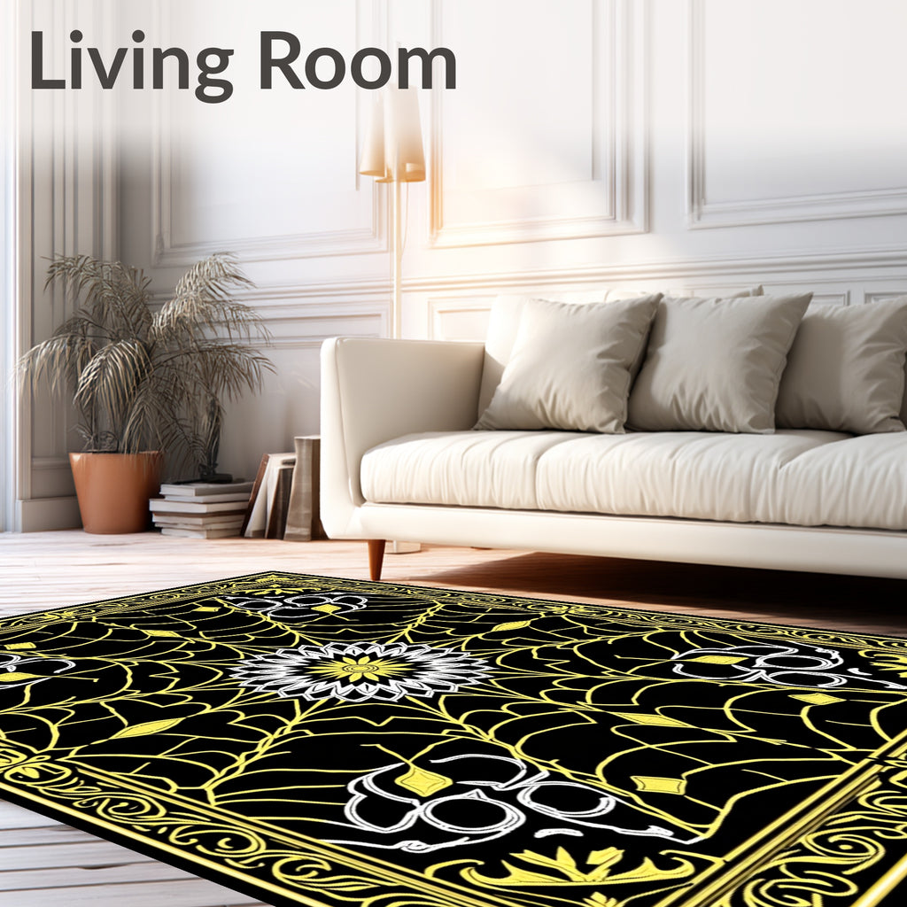Elegant Yellow Black Floral Web Rug