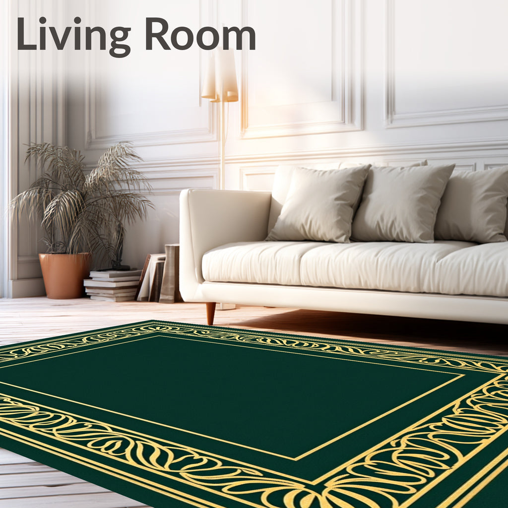 Emerald Green Golden Floral Border Rug