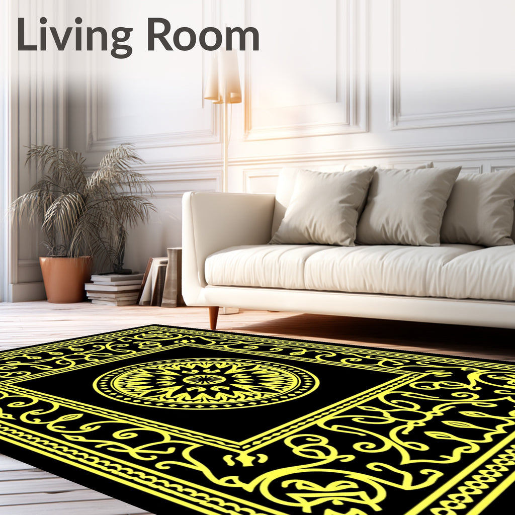 Ornate Yellow Black Geometric Medallion Design Rug