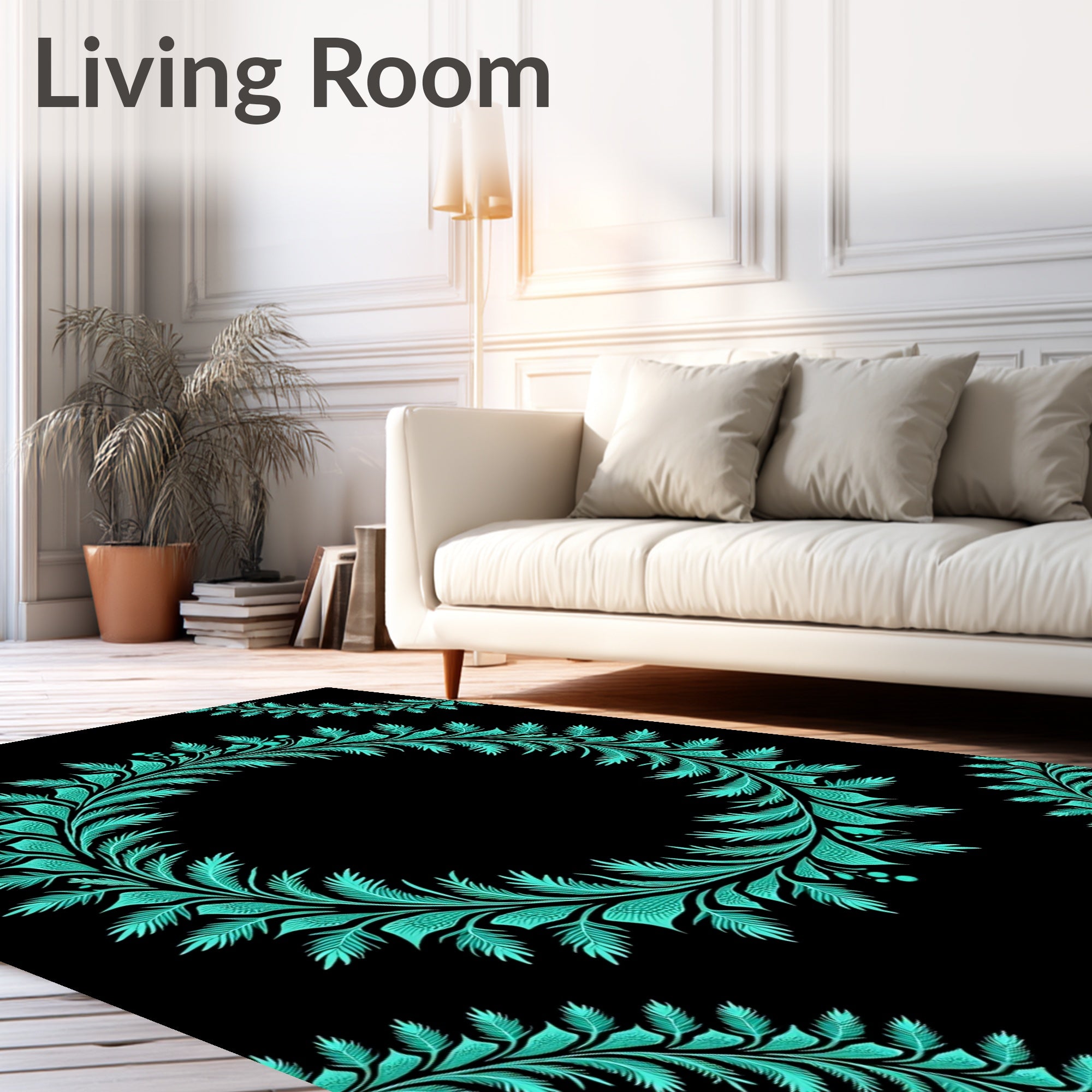 Turquoise Fern Scroll Pattern Rug