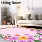 Pink Floral Border with Green Leaves Rug