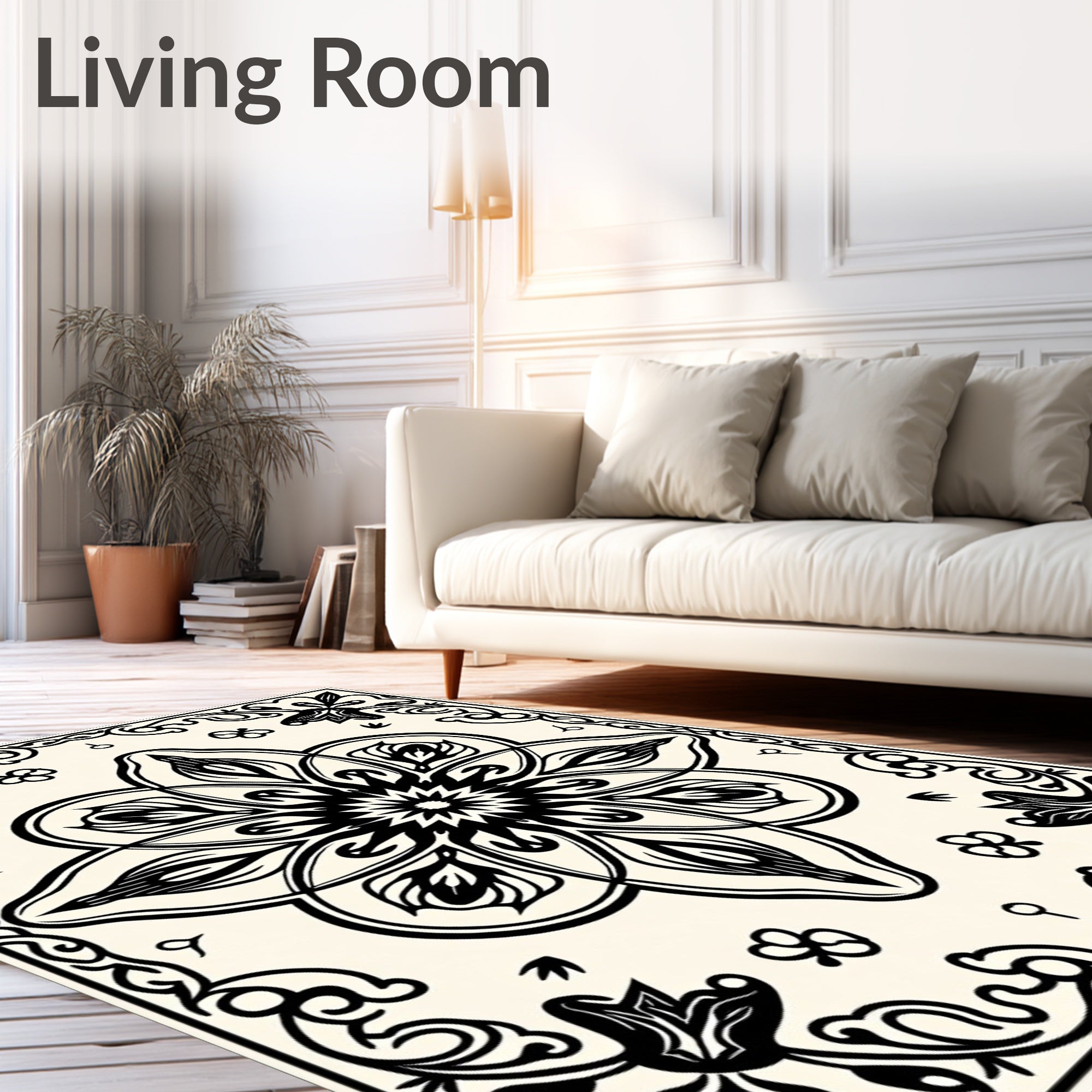 Elegant Black Floral Mandala Design Rug