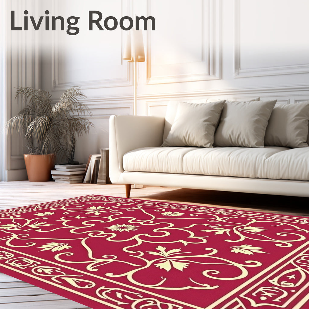 Elegant Red Cream Floral Scrollwork Design Rug