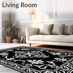 Classic Black White Floral Scroll Design Rug