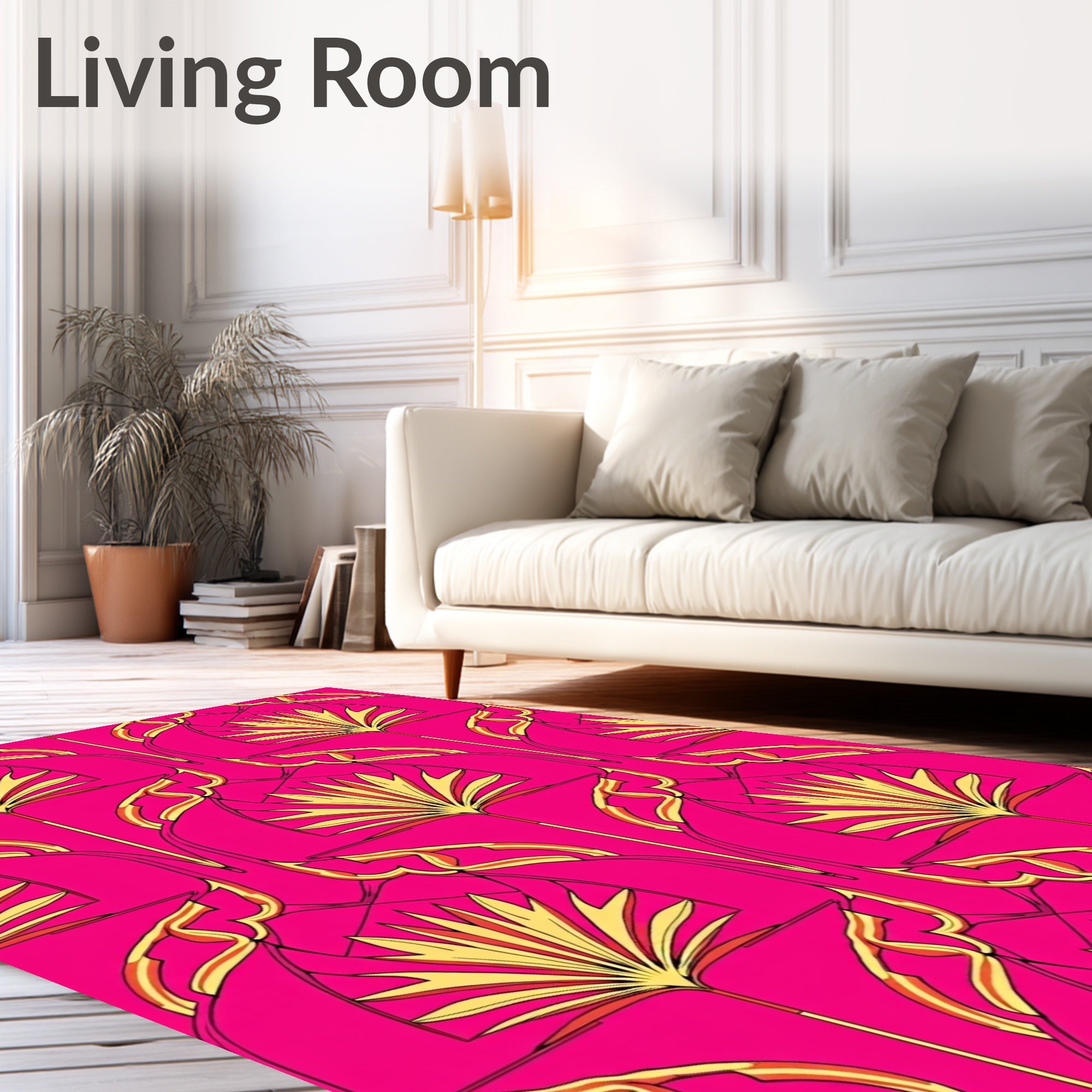 Vibrant Pink Golden Fan Pattern Design Rug