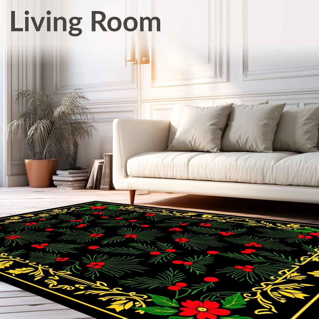 Red Floral Green Berry Border Rug