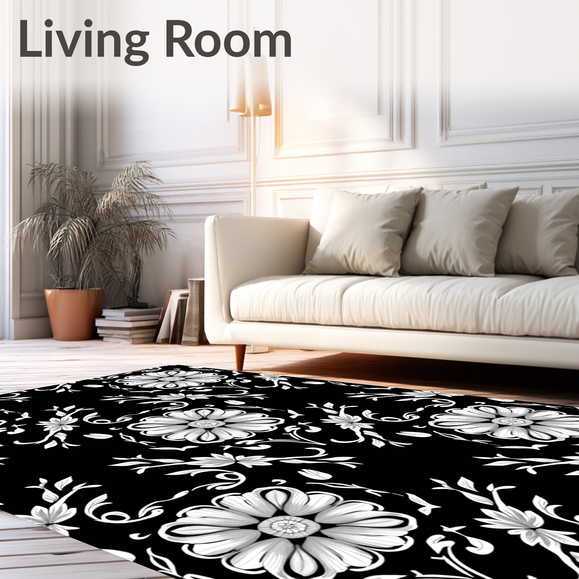 Ornate Floral and Vine Monochromatic Design Rug