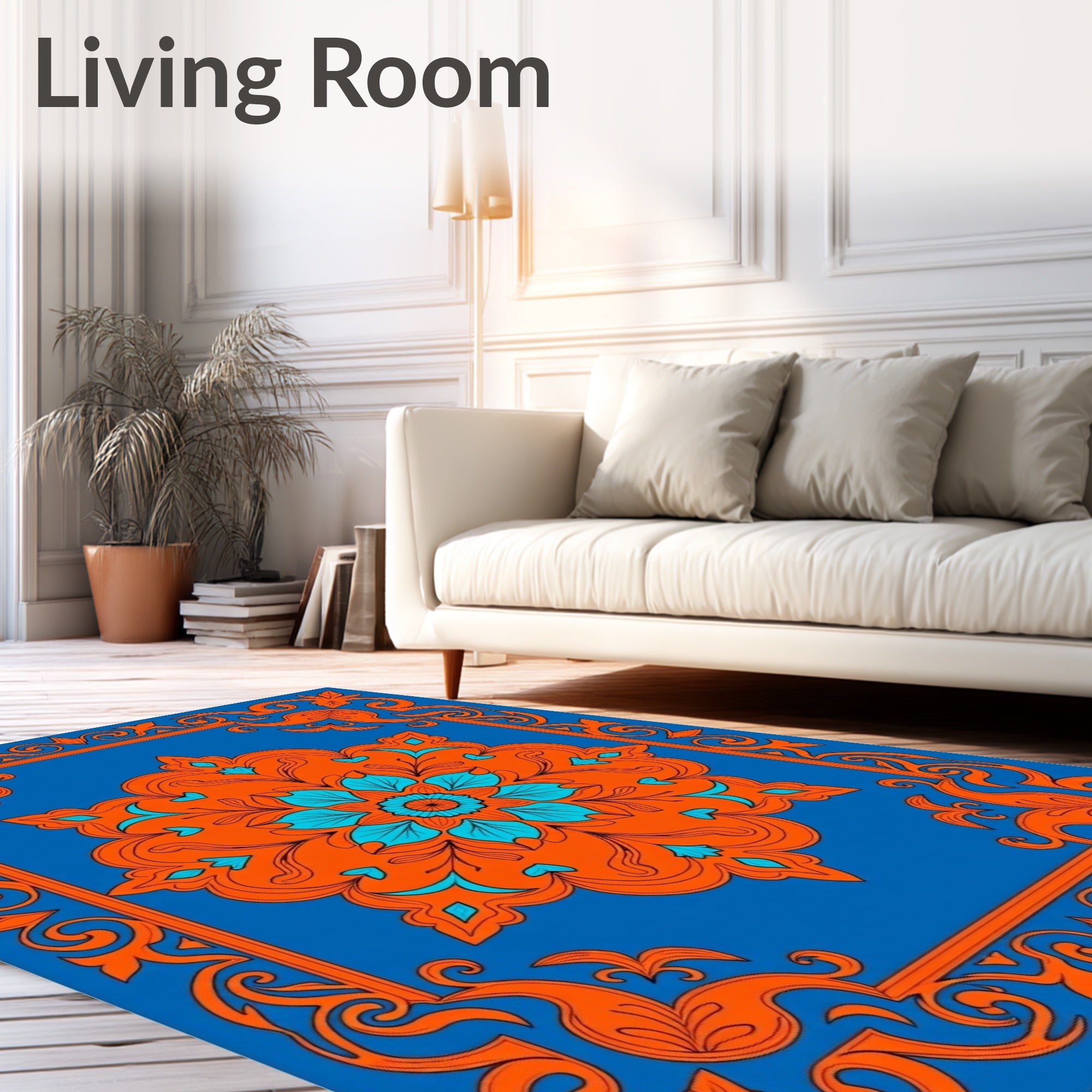 Bright Blue Orange Floral Medallion Border Rug