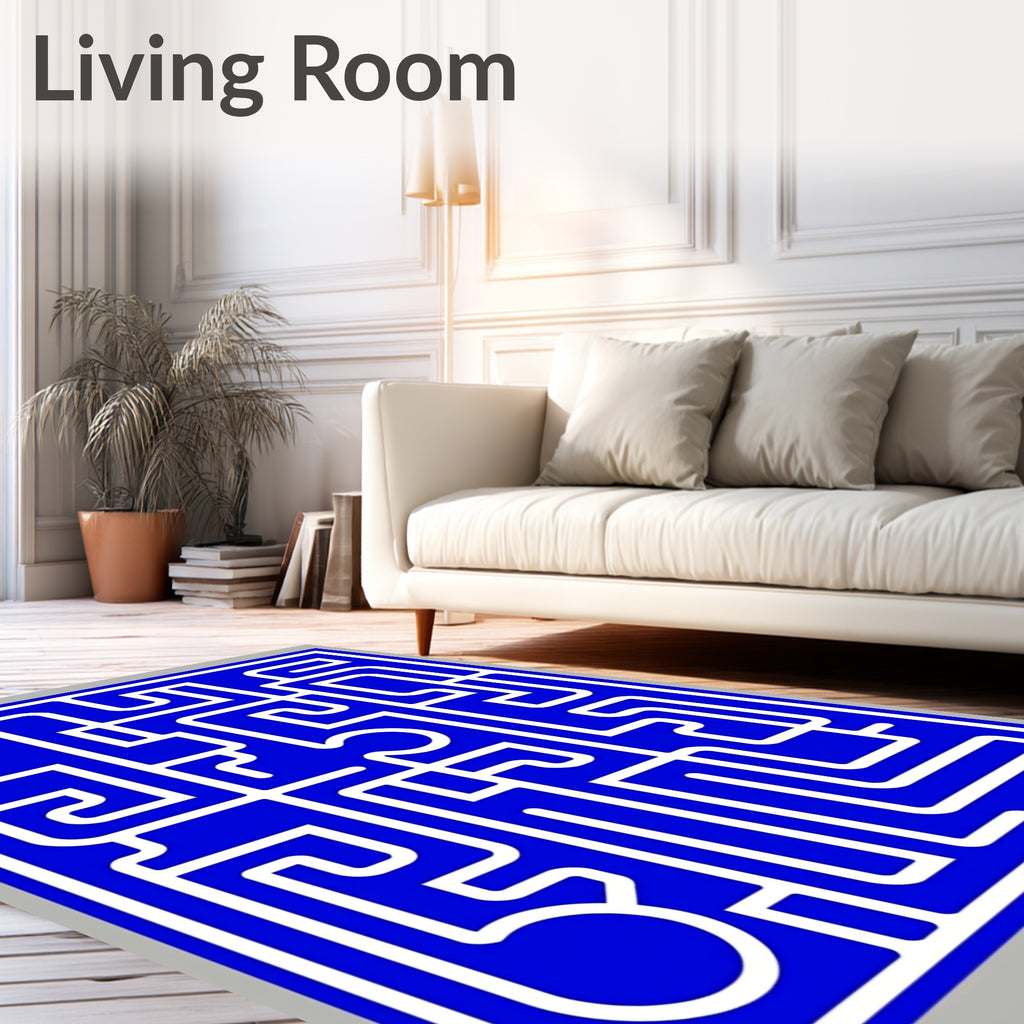 Bold Blue White Maze Pattern Rug