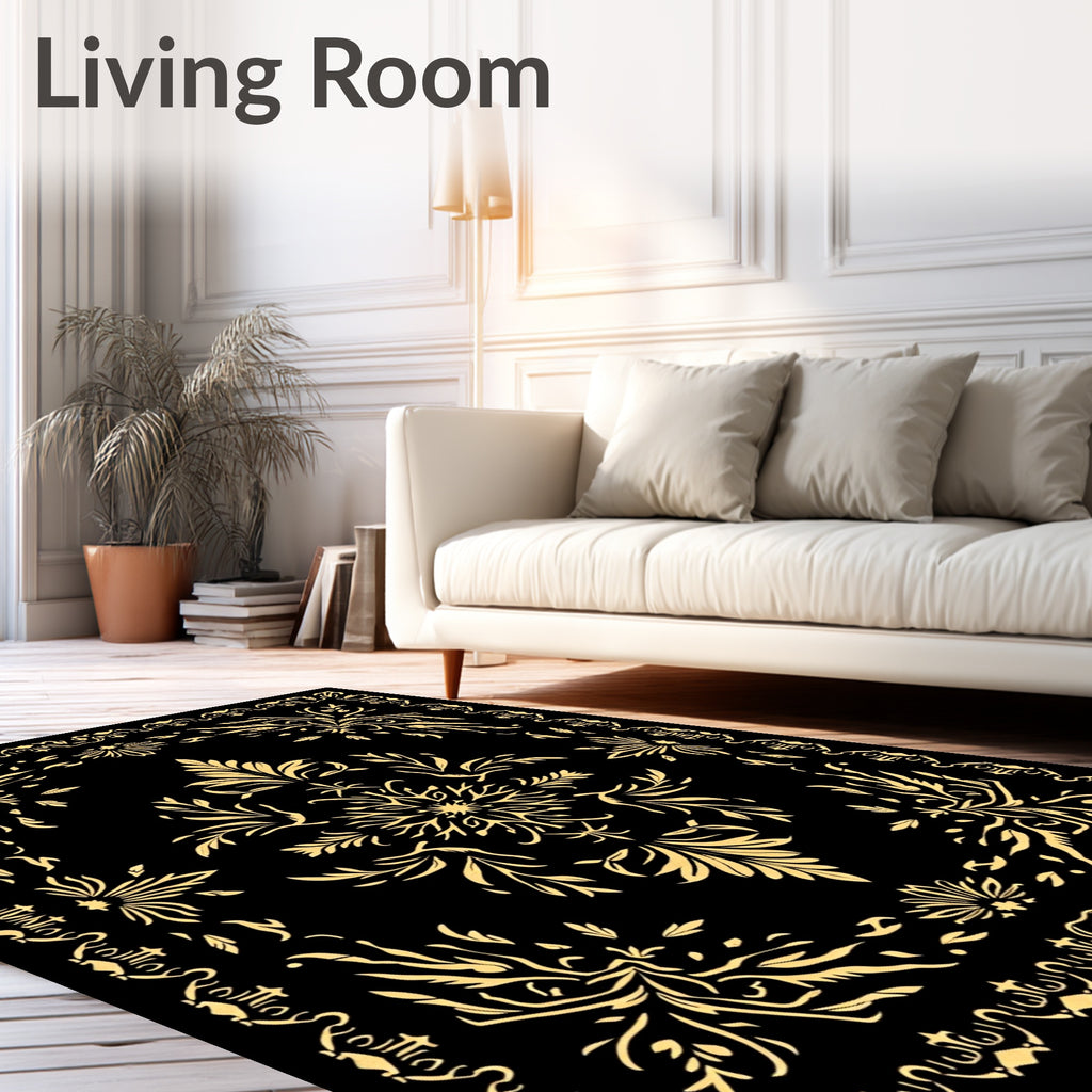 Golden Floral Medallion Black Vintage Rug