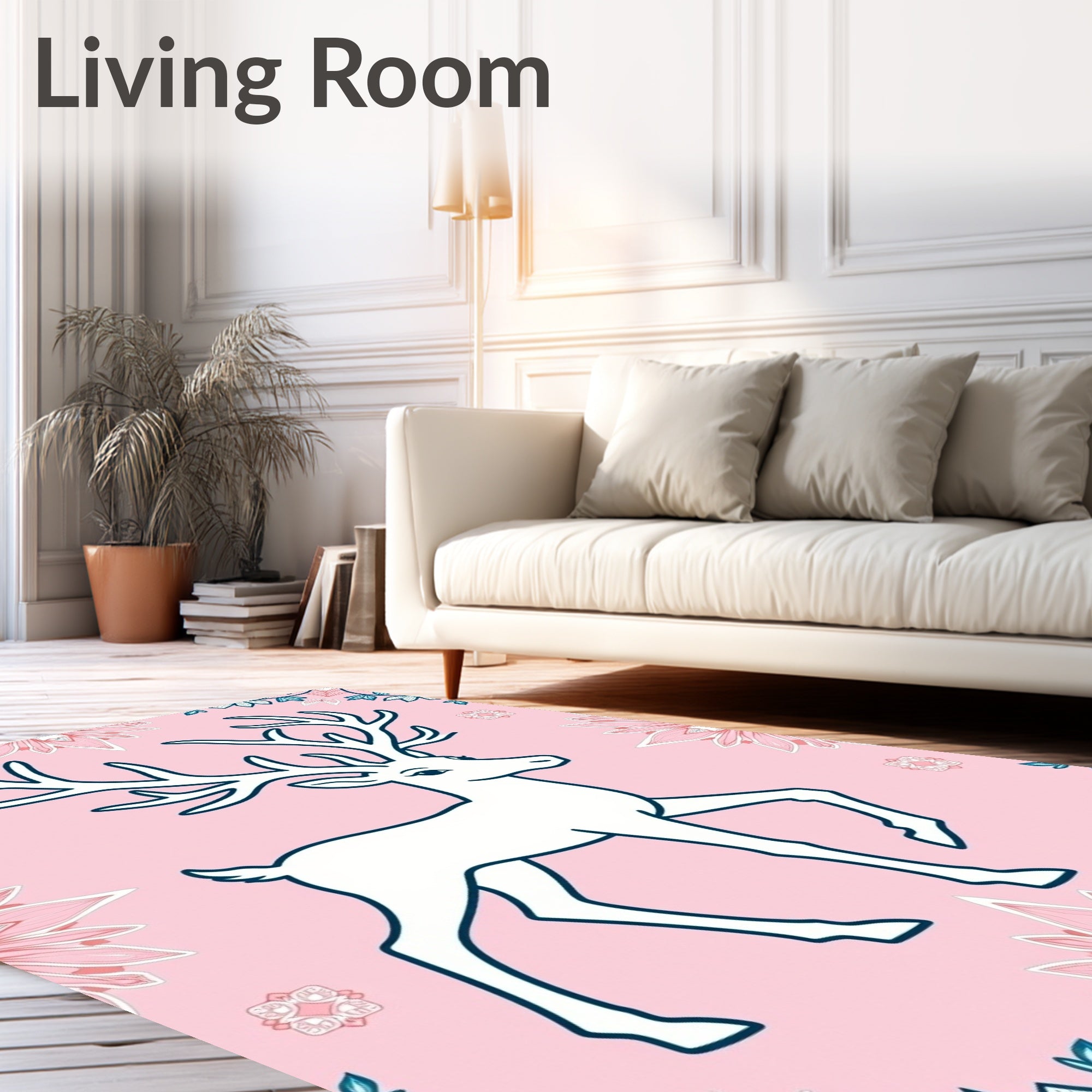 Pink Deer With Floral Garland Border Rug