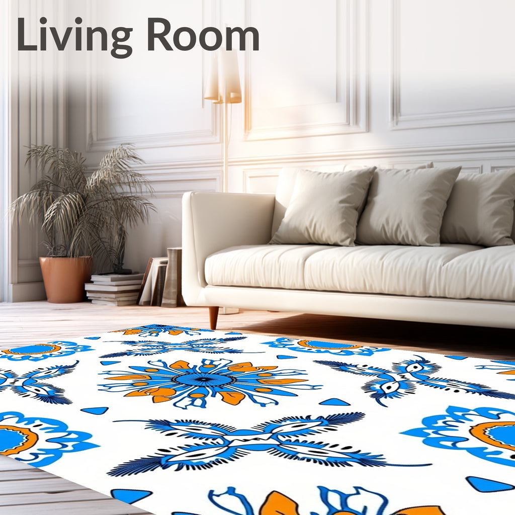 Stylized Blue Orange Floral Motif Rug