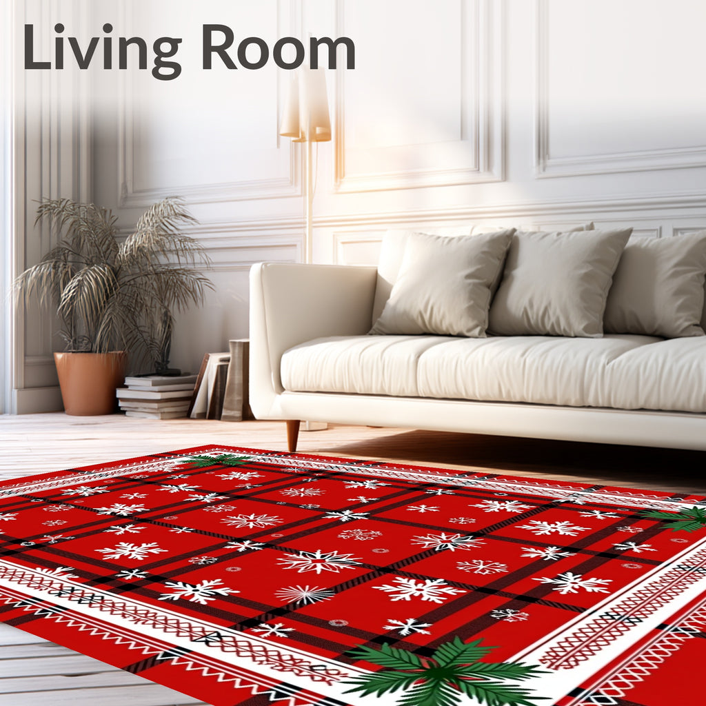 Red Snowflake Plaid Patterned Design Rug