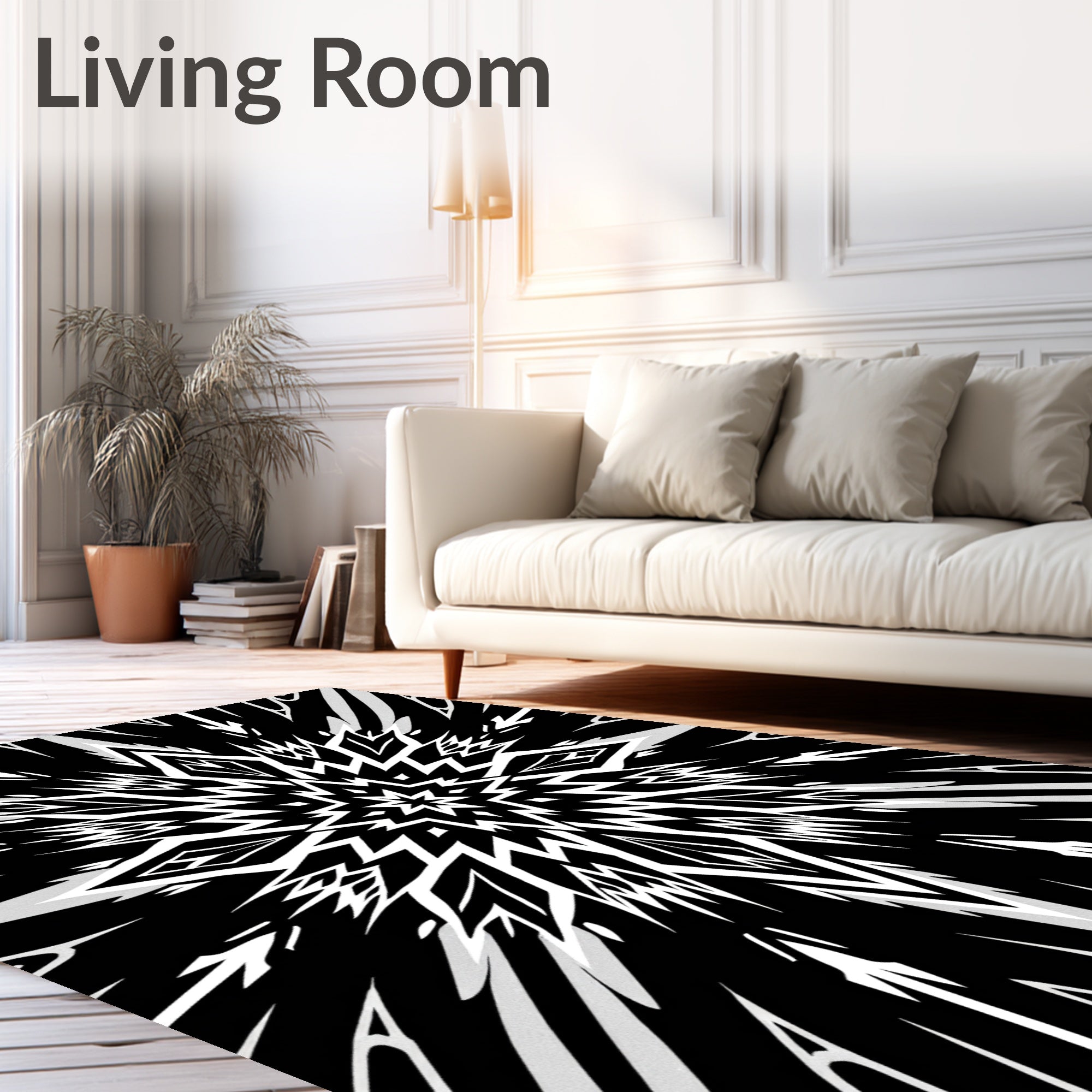 Bold Black White Starburst Pattern Rug