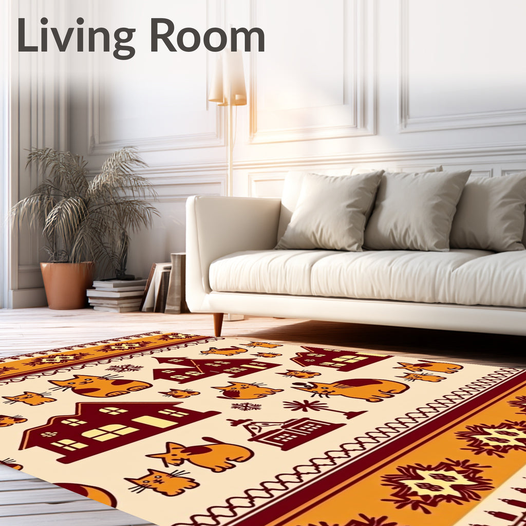 Whimsical Cats and Houses Pattern Rug