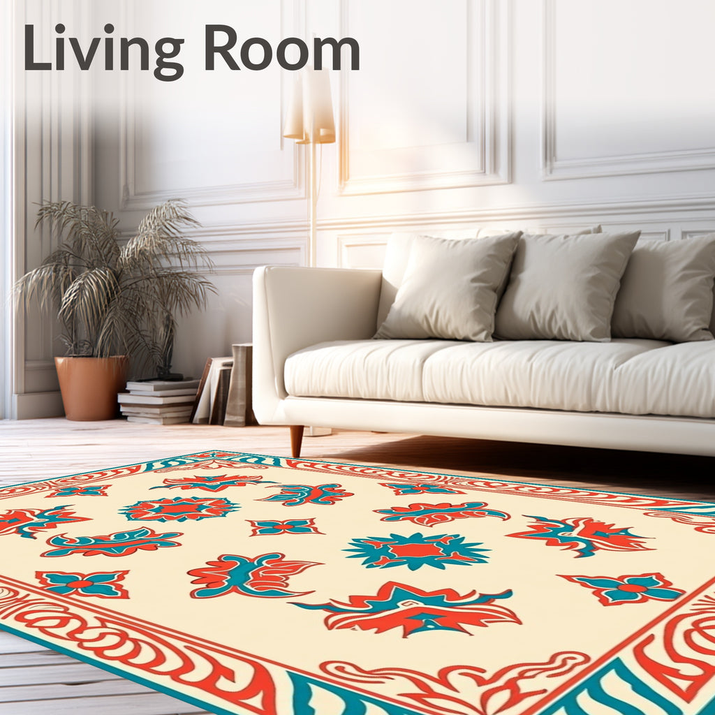 Red Teal Floral Garden Pattern Rug