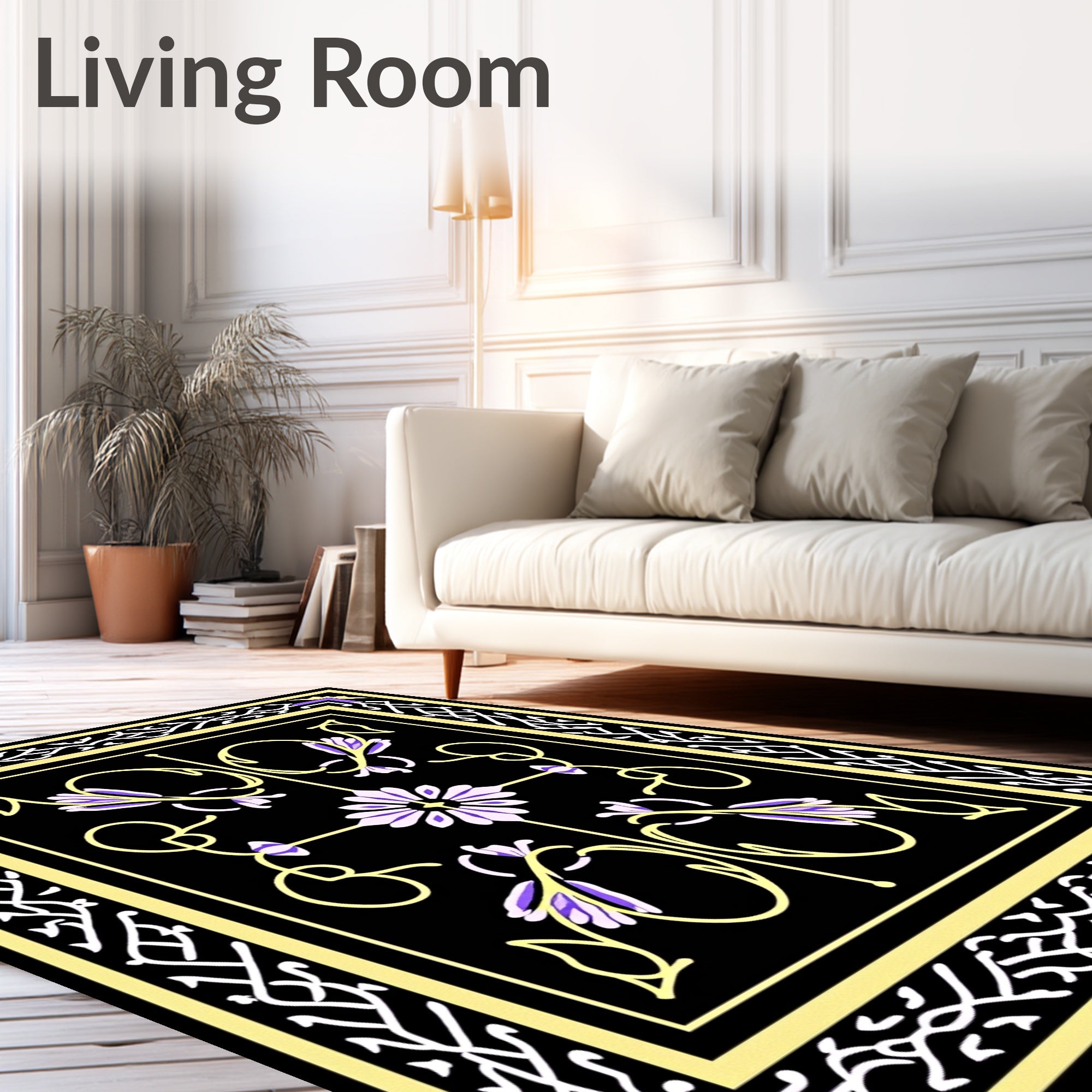 Ornate Floral Vine Black Rug Design Rug