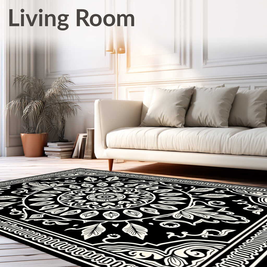 Classic Floral Mandala Black White Pattern Rug