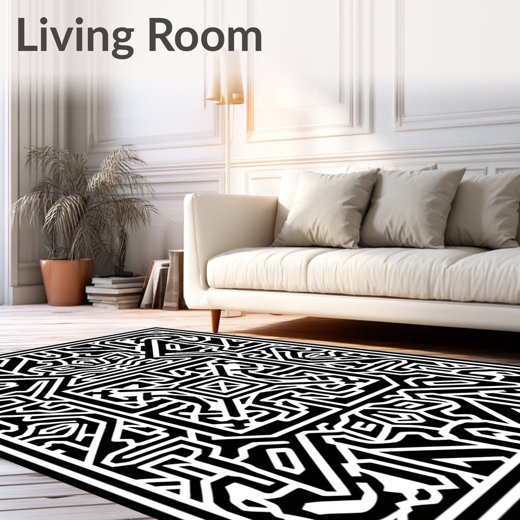 Bold Monochrome Geometric Maze Art Rug